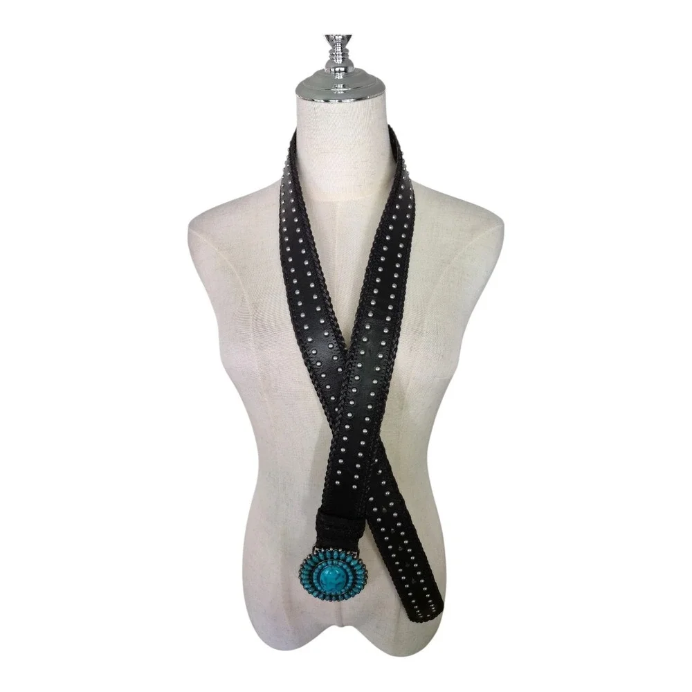 Coldwater Creek XL Genuine Leather Turquoise Concho Studded Western Boho Belt